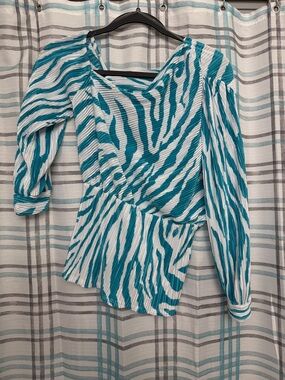 Teal Zebra-Print Asymmetric Wrap Blouse